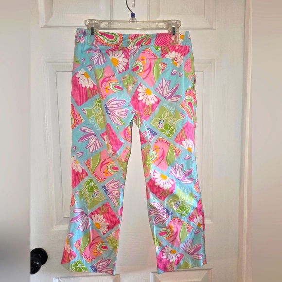 Lilly Pulitzer Vintage Cropped Floral Pink Aqua Pants Size 4 - Picture 3 of 8